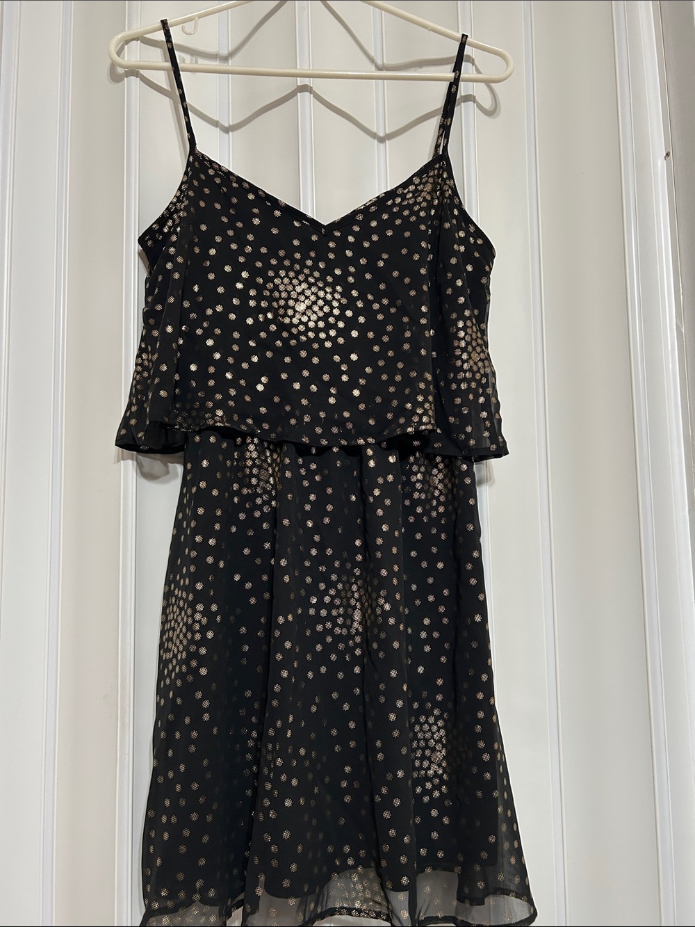 Forever 21 - Black Gold Metallic Polka Dot Tiered Mini Dress, V-Neck,  Size XS